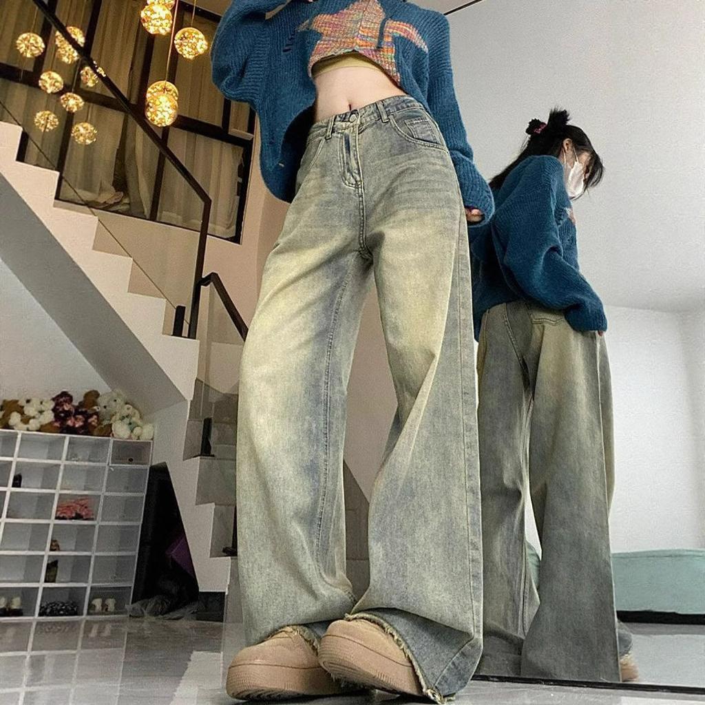 Jeans da Moda Confortáveis Vintage Lavados Velhos de Perna Larga Femininos Cintura Alta Skinny Soltos Retos Bainha Desfiada Calças Jeans Femininas Calças Jeans Longas
