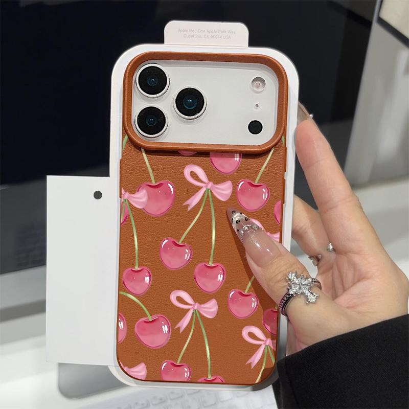 Custodia con Motivo di Frutti di Ciliegia Cristallini e Fiocchi per iPhone 17 Pro Max Copertura Morbida in Silicone con Texture in Pelle per iPhone 16 15 14 13 Pro 12 11 16E Air