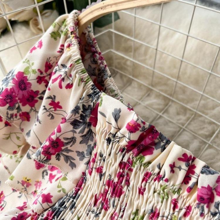 Floral Off Shoulder Casual Short Sleeve High Waist Ankle Length Dress for Women Summer Spring Fashion