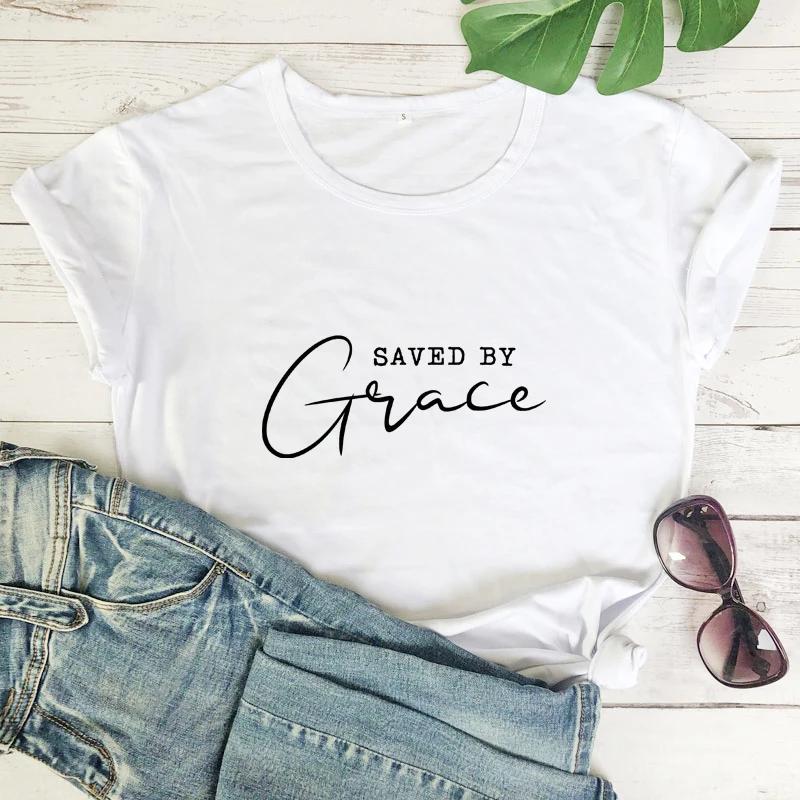 Saved By Grace Tshirt Women Religious Christian Bible Top Tee Shirt Casual Jesus Religion Faith Tshirt Camiseta S