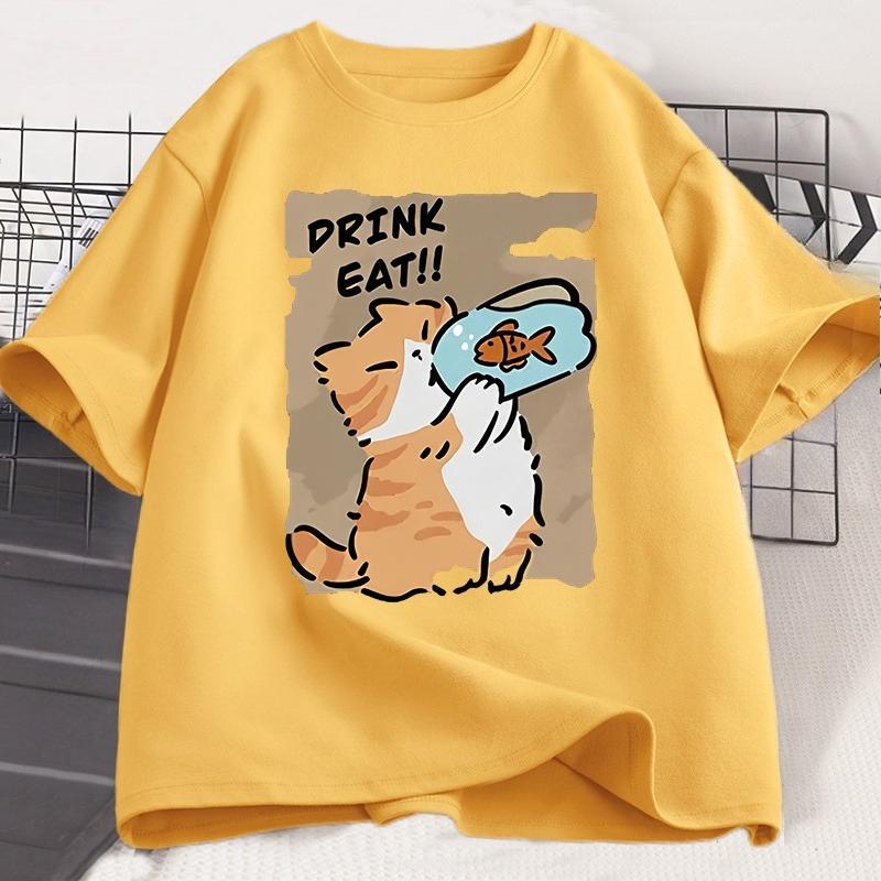 Funny Cat Eat Fish Tshirt Trend Printed Cotton Round Neck Tshirt Unisex and WOMEN with The Same Loose Casual Short Sleeve Tees