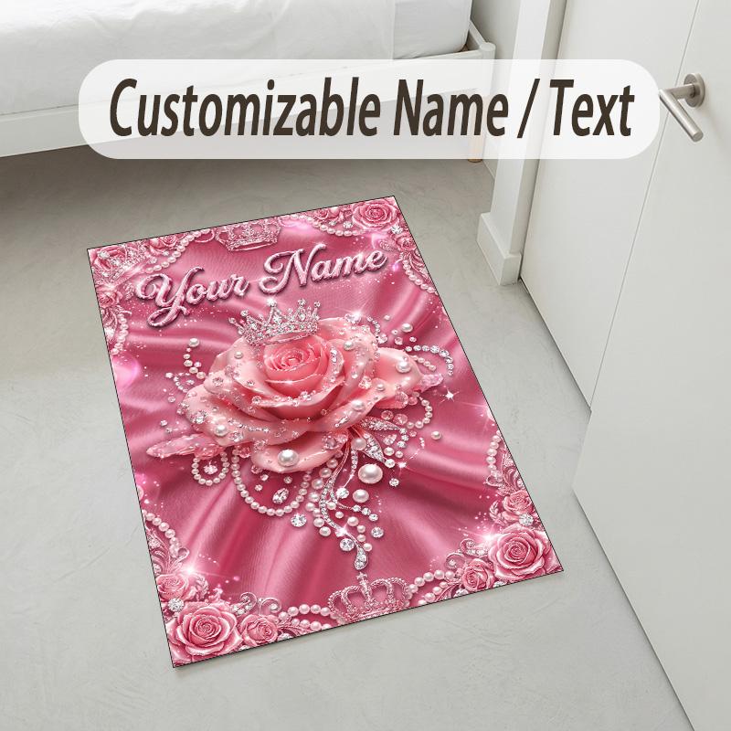 Floral Garden Theme Crystal Velvet Rug Personalized Custom Name Text Soft Floor Mat Home Decor