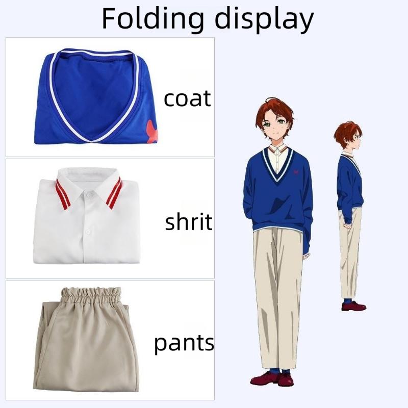 Anime WONDER EGG PRIORITY Momoe Sawaki przebranie na karnawał czerwona peruka z niebieskim płaszczem koszula spodnie stroje świąteczne ubrania karnawałowe