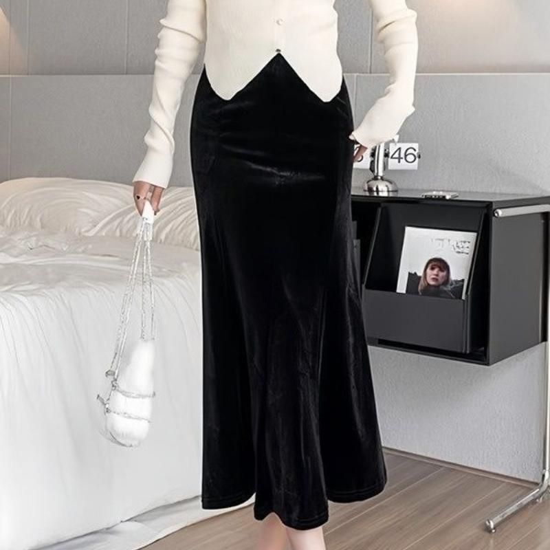 Samtrock Damen Herbst Koreanisch Bodycon Drapierung Hohe Taille Schlank Schwarz Meerjungfrau Rock