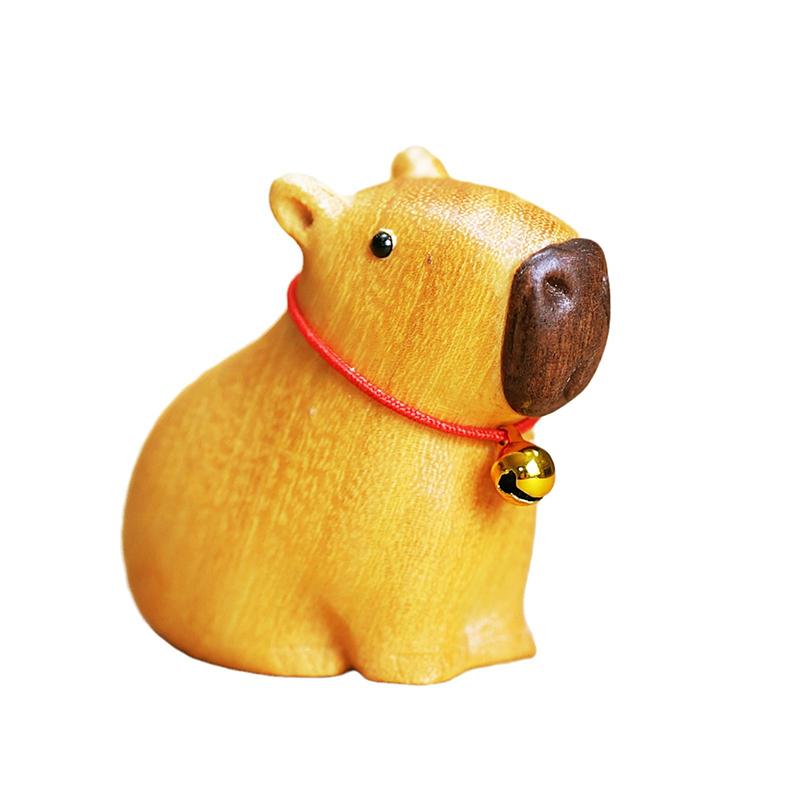 Ručně vyráběná dřevěná figurka kapybary, soška zvířete se zvonkovým obojkem, léčivé umělecké dílo, malý model zvířete, ozdoba, domácí dekorace