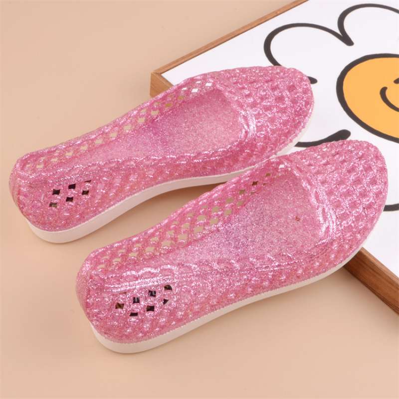 Super Soft Crystal Sandals Women's Fashion Outer Wear Hollow Hole Shoes Flat Bottom Non-slip Plastic Thick Sole Mother Grandma Sandals
