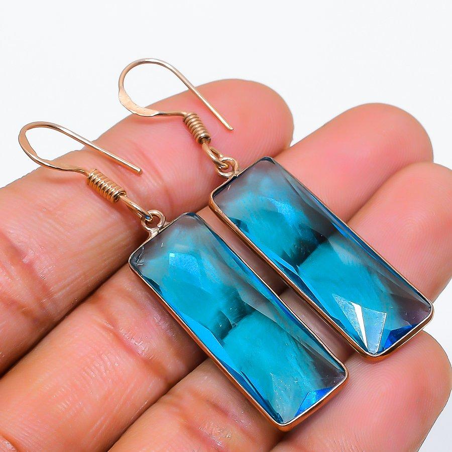 Swiss Blue Topaz Gemstone 925 Solid Sterling Silver Jewelry Earring 2.01" GK-5838
