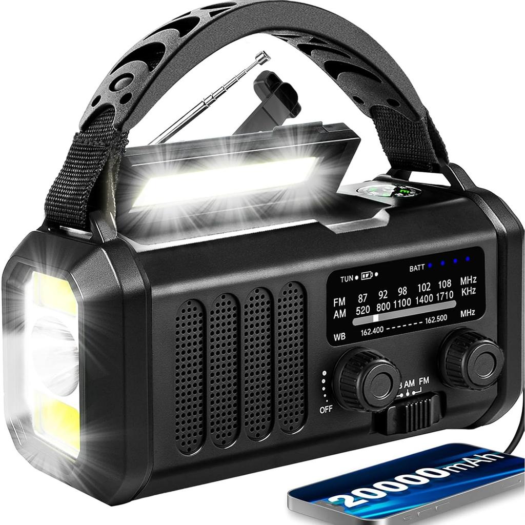 Emergency Weather Radio 20000mAh NOAA/AM/FM with 74000mWh USB/Solar/Hand Crank Charging, Battery Operated, SOS Alarm & Flashlight for Indoor