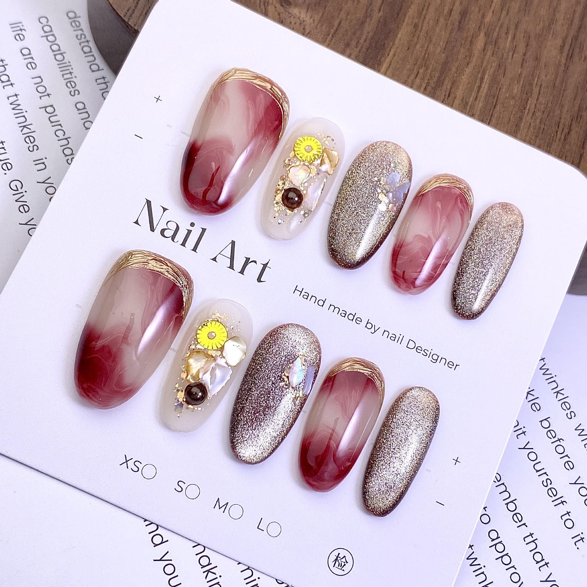 New Year Cat Eye Nails: Wine Red Gradient with Gold Foil, 3D Rhinestones, and Magic Mirror Powder Small