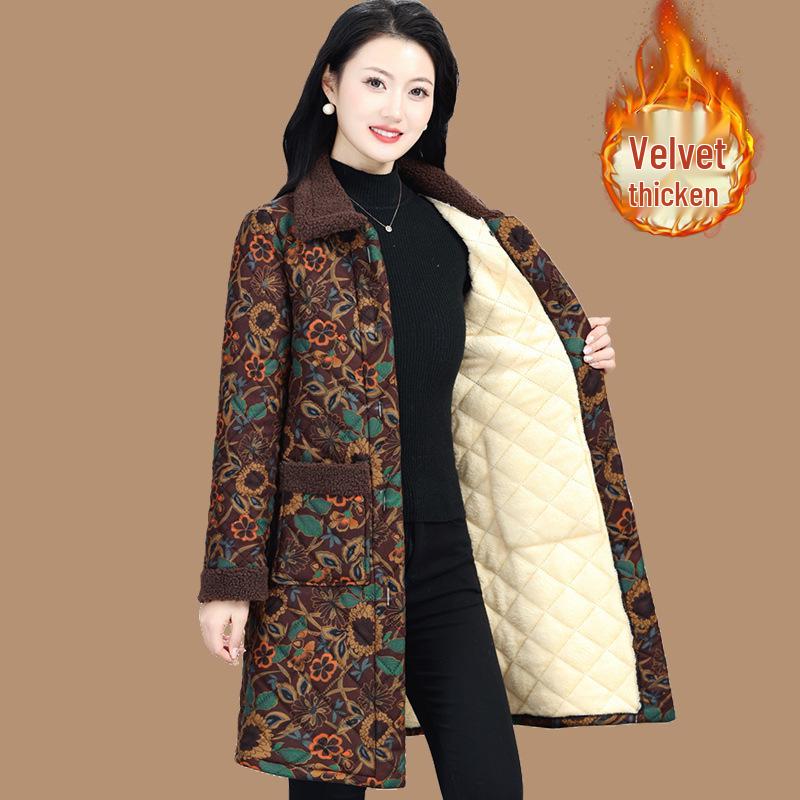 

Женское хлопковое пальто средней длины с цветочным принтом и флисовой подкладкой - Зимний утепленный стиль для женщин среднего и пожилого возраста 2XL (105-120 Jin)