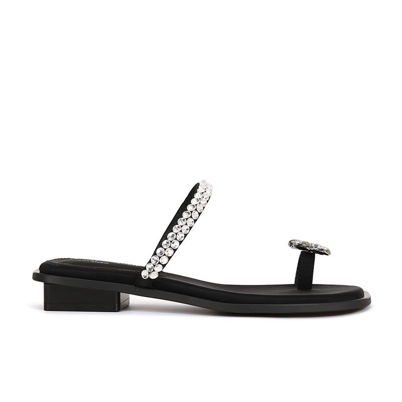 

Lambskin square head rhinestone cover toe flat bottom leather slippers women s cool slippers outer wear 39 чёрный