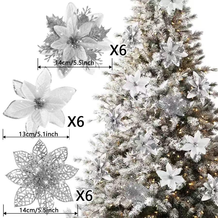 6-24 Stück 15cm Künstliche Weihnachtsblumen mit Clips Stielen, Weihnachtsbaumschmuck Glitzerblume für Girlande Neujahrsparty Dekoration