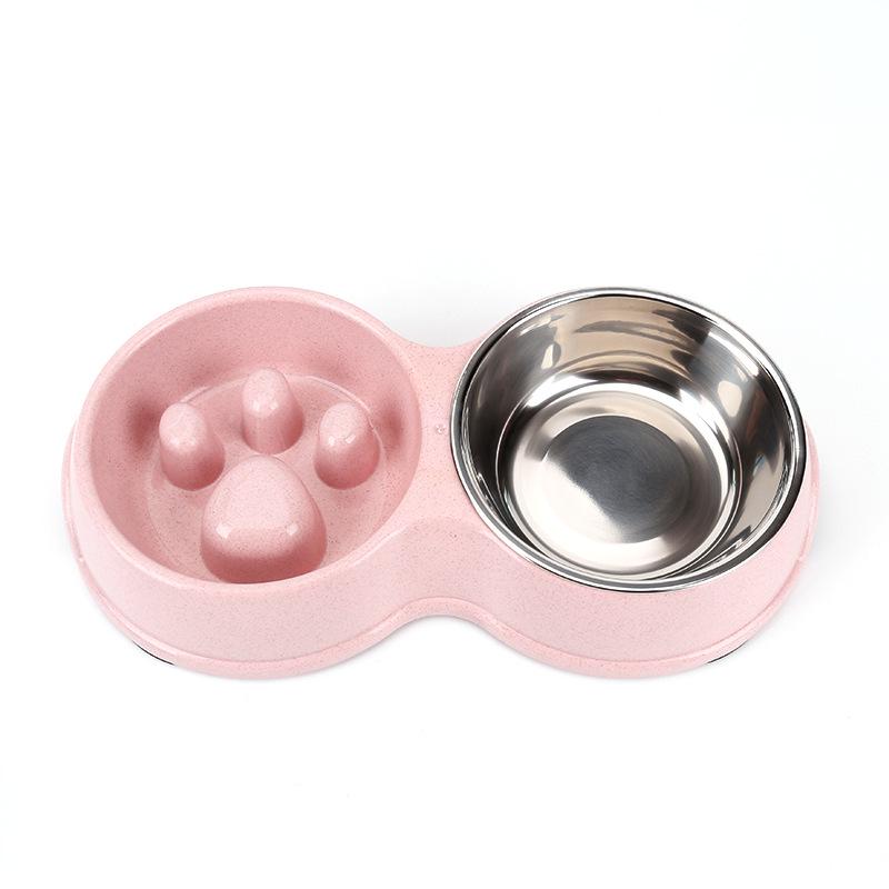 Wheat Straw Stainless Steel Double Pet Bowl - Anti-Choke Slow Feeder for Dogs and Cats