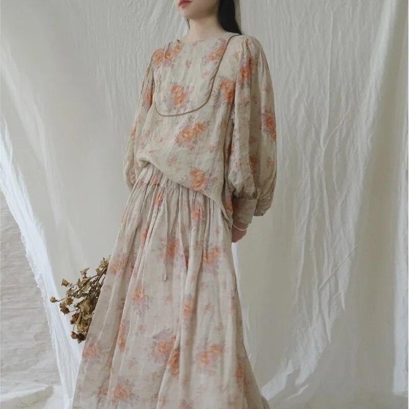 Johnature Frauen Drucken Floral Vintage Leinen T-Shirts Puff Hülse O-ansatz Lose Tees Herbst Chinesischen Stil Frauen T-Shirts