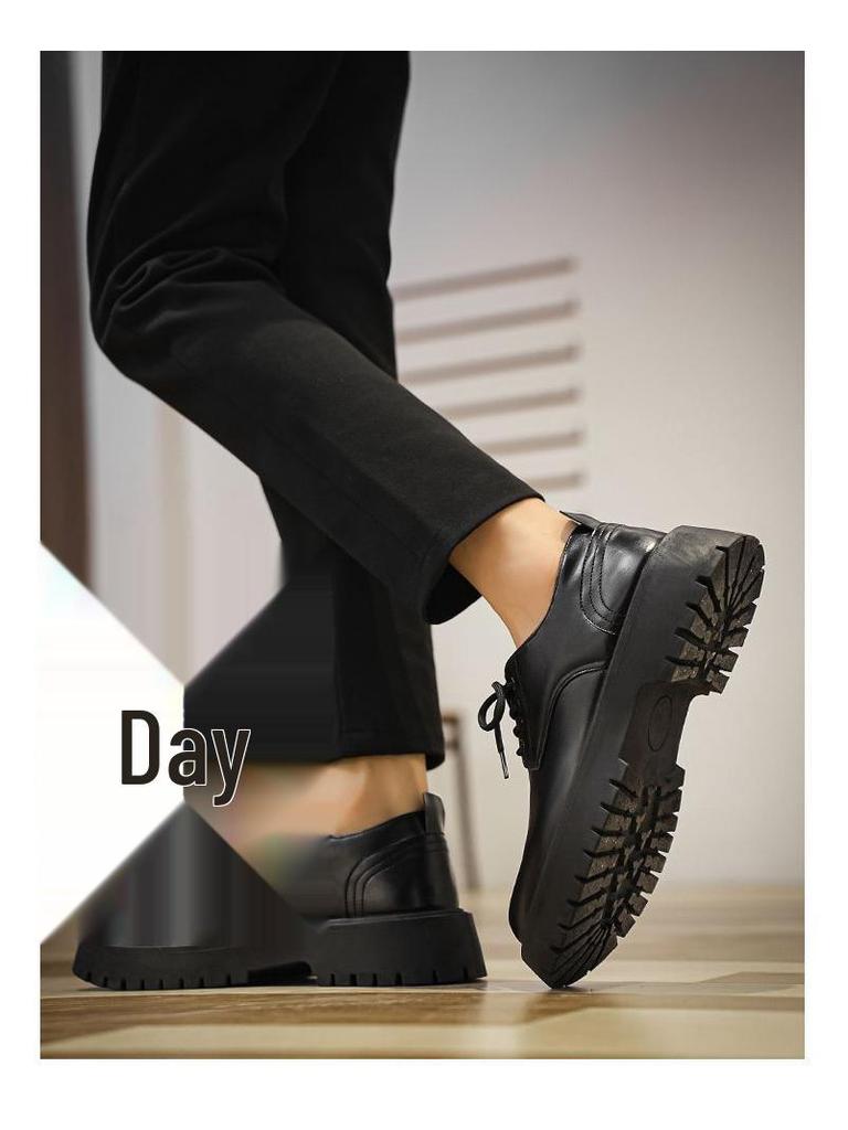 Chaussures en cuir noir pour hommes avec rehausse de 6 cm: Imperméable, Semelle Épaisse, Déodorant, Style Board Décontracté pour l'Automne.