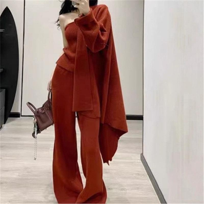 High-end Knitted Sweater Set 2025 Autumn and Winter New Cardigan + Vest + Wide-leg Pants Three-piece Set for Women