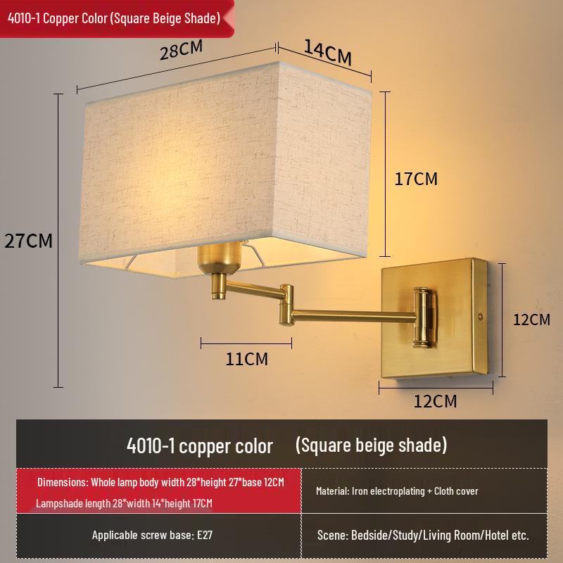 Modern LED Swing Arm Wall Light with Fabric Shade for Bedroom, Study, or Living Room.