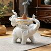 Decorative Mother and Baby Elephant Incenses Holder Resin Cone Burners White Finish with Gold Bowl for Meditations Room Table and Shelf Display