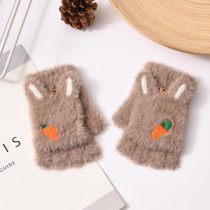 Kids' Cartoon Knitted Flip-Top Fingerless Winter Gloves - Unisex, Warm, Velvet-Lined, Thickened