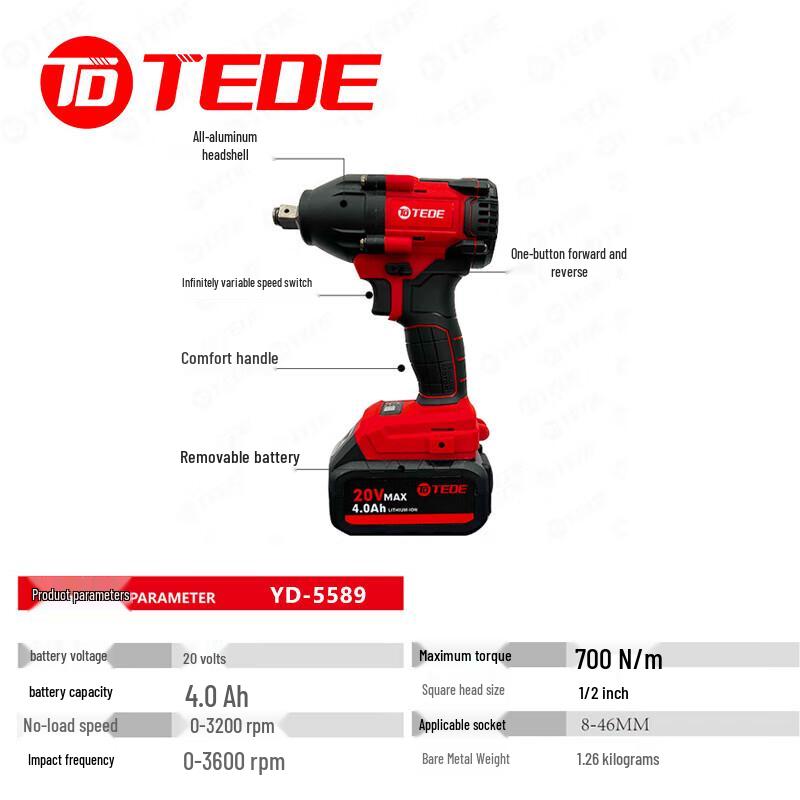 TEDE YD-5589 20V Cordless Brushless Impact Wrench Kit CN plug (adapter included)