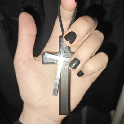 Retro Dark Cross Pendant Necklace Long Style Spicy Girl Y2k Leather Rope Sweater Chain Niche Design Hanging Accessory