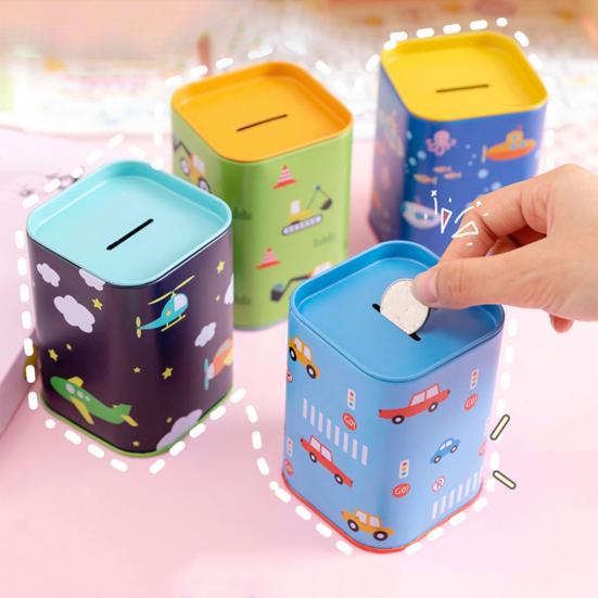 Square Tinplate Piggy Bank Cartoon Coin Cash Storage Jar Container Children Money Saving Box Decoration Boys Girls Gift