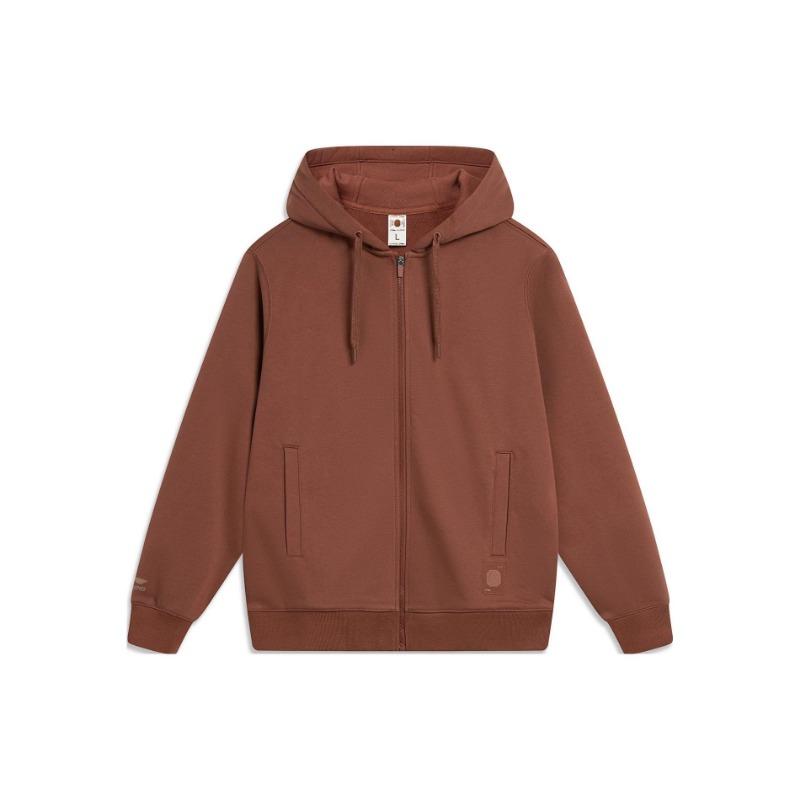Li-Ning China Farbreihe Solider Lässiger Hoodie Langarm Reißverschluss Sweatshirt Unisex Oberteile Milchkaffee-Braun AWDT967-5