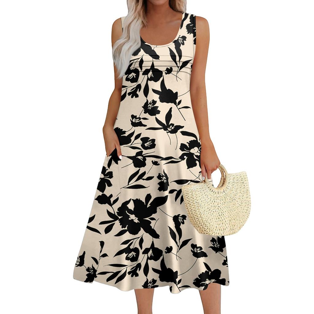 Women's Fashion Round Neck Sleeveless Pleated Beach Dress With Pockets Long Floral Dresses