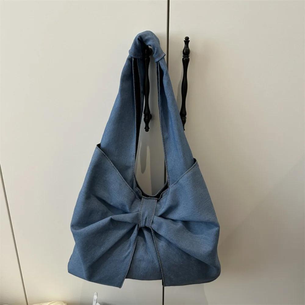 Versatile Premium Pearl Bow Denim Bag Solid Color Temperament Underarm Bags DIY Large Capacity Handbags Women Girls