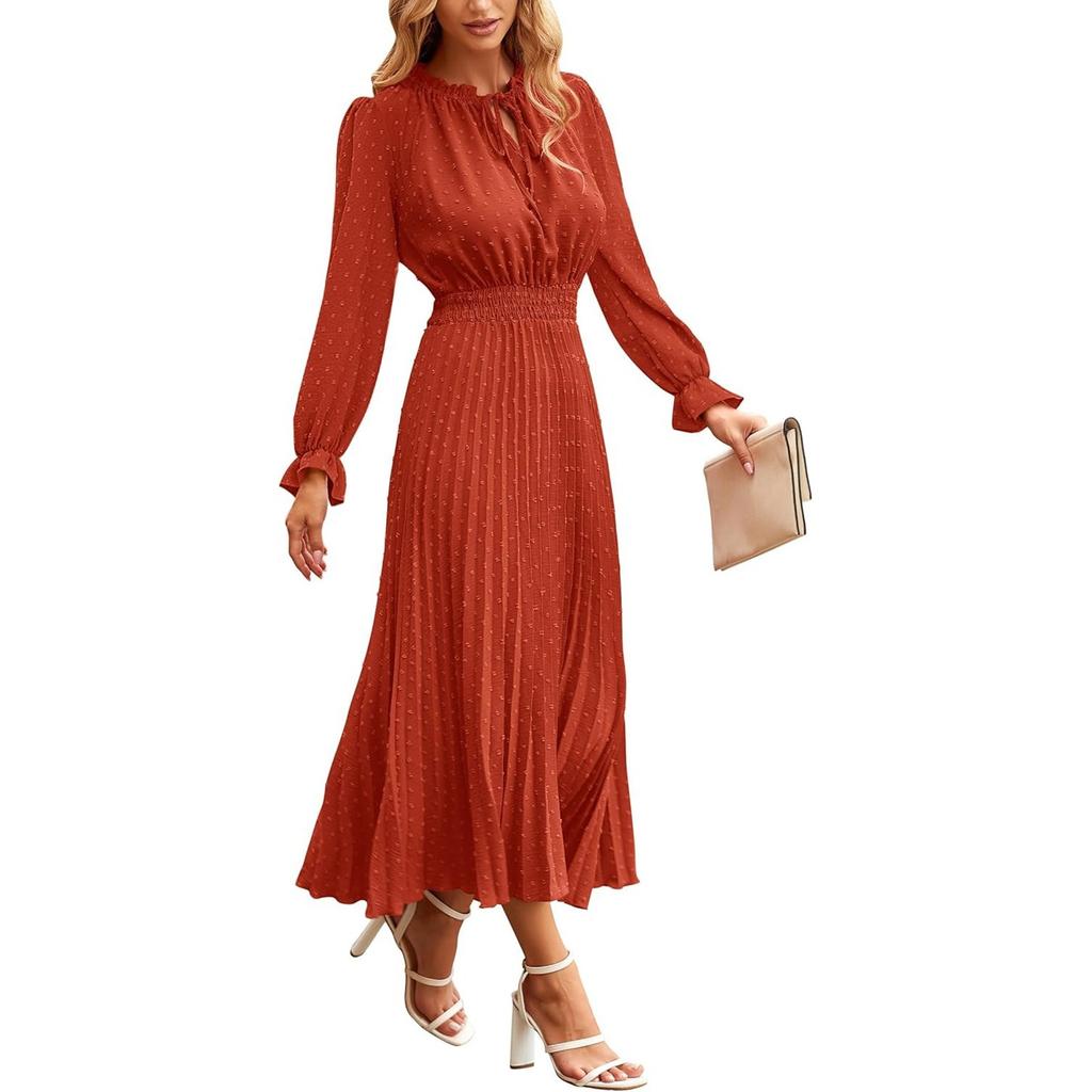 Women's Summer Fashion Loose V-Neck Long Sleeve Tie Solid Color Dresses