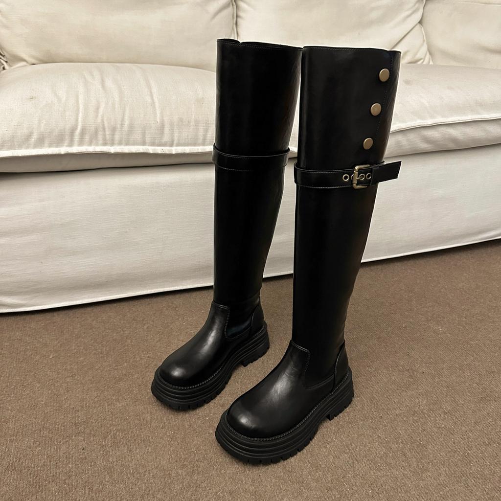 Temperament British style knee high boots two wear autumn versatile locomotive boots and boots women's platform new thick heel
