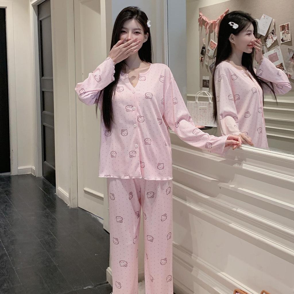 Women's Sweet V-Neck Cartoon Pajama Set, Long Sleeve Ice Silk, Spring Loungewear Cardigan