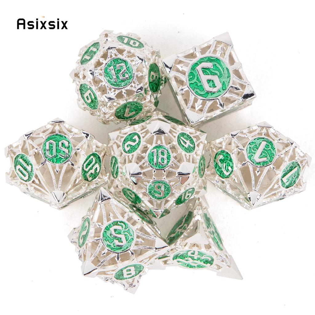 7 Pcs Silver Green Metal Dice Hollow Metal Polyhedral Dice Set Suitable for Role-Playing RPG Board Game Card Game