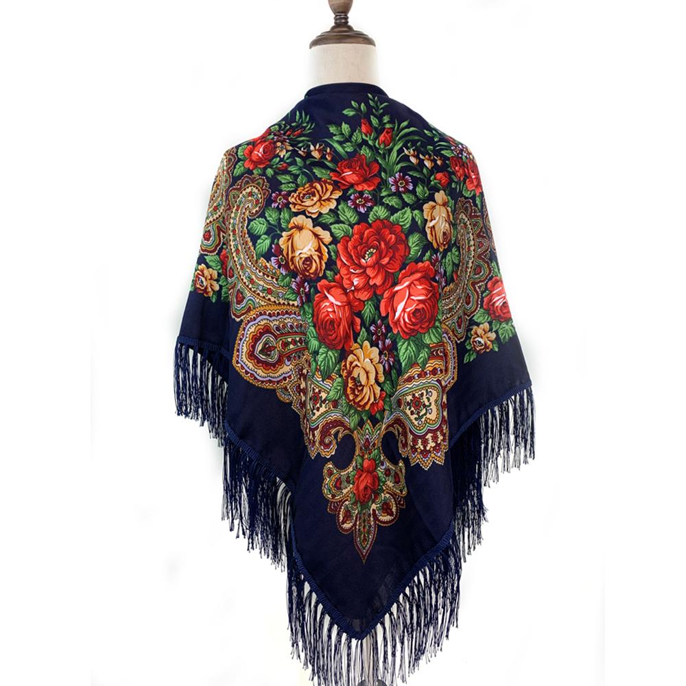 135*135Cm Russian Style Square Scarf For Women Luxury Floral Print Bandana Head Scarves Lades Fringed Shawl Headwraps Foulard