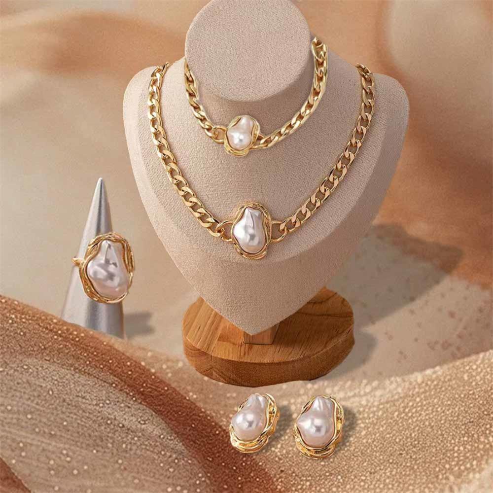 Special-shaped Imitation Pearl Jewelry Set for Women Girls Retro Luxury Temperament Necklace Bracelet Stud Earrings Ring