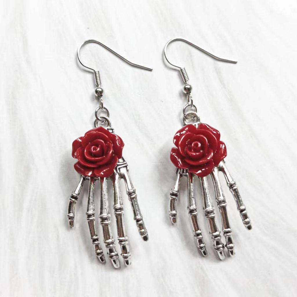 Handmade Gothic Skull Hand Red Rose Earrings: Vintage Halloween Jewelry