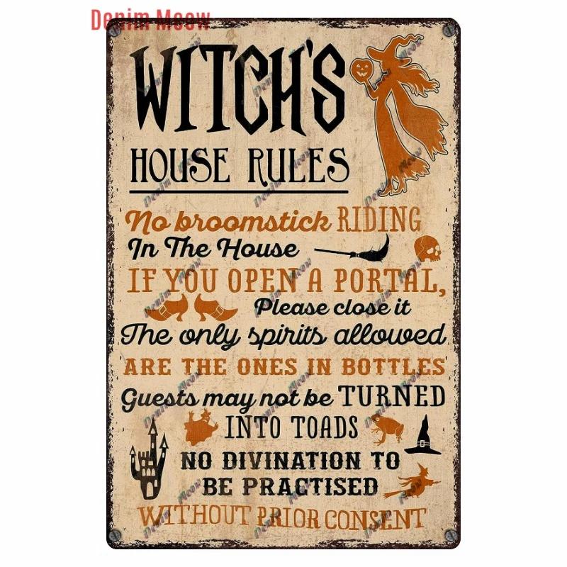 Vintage Witch Halloween Wall Art Poster, No Trespassing Metal Sign, Warning Tin Plates for Gift, Bar Party, Room Decoration WY68