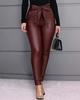 Solid Color PU Leather Pants Casual Sexy Skinny Pants Trousers with Belt