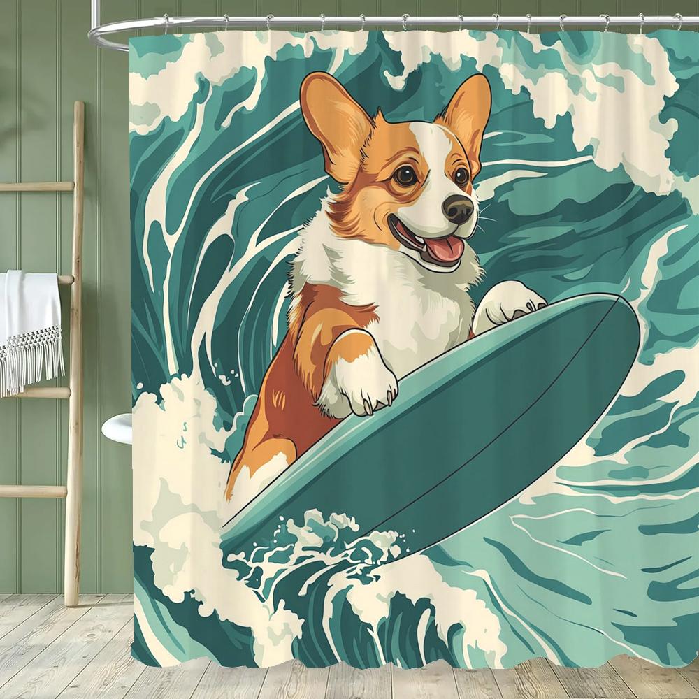 1pc Funny and Creative Surfing Cat and Dog Shower Curtain,Cartoon Bathroom Curtain,Home Polyester Decoration Curtain With Hooks