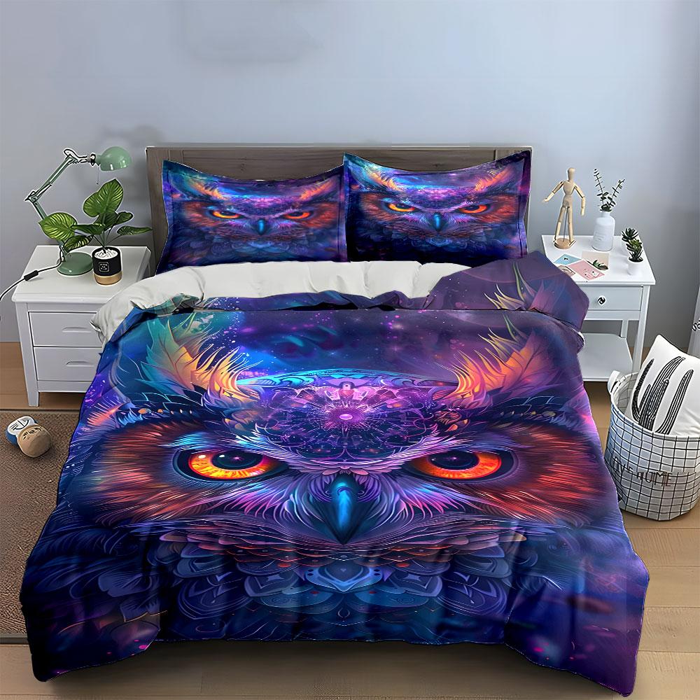 Cosmic Neon Owl Art Design Bedding Duvet Cover Set (1*Duvet Cover 2*Pillowcases, without duvet insert)
