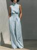 Spring New Arrivals Solid Knitted Cotton Linen Blend Sleeveless Top and Wide Leg Pants for Women