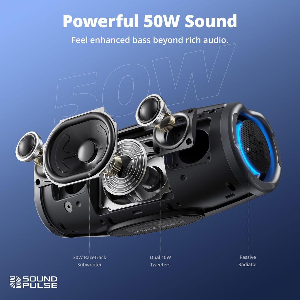 Boxă Bluetooth Tronsmart Mirtune S100 50W, Impermeabilă IPX7, Autonomie 20H, Baterie externă, Mâner retractabil, Asociere TWS, Control EQ prin aplicație