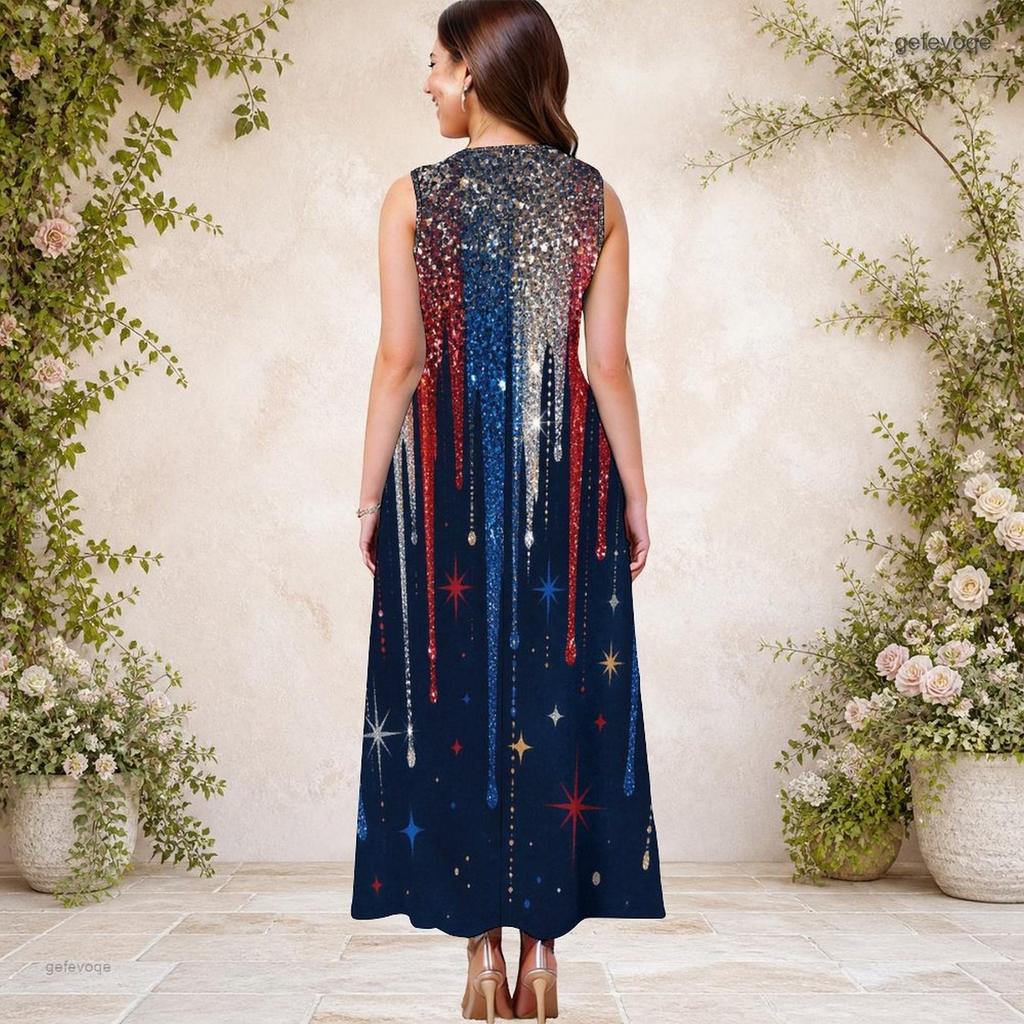 Women Plus Size Keyhole Neck Sleeveless Star Printed A Line Long Dress Red Blue White