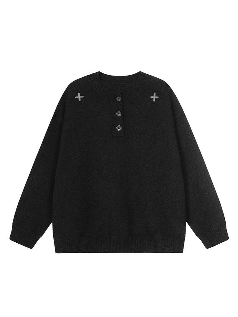 Men's Autumn/Winter Henry Collar Embroidered Sweater - Classic, Loose Knitwear with a High-End Feel