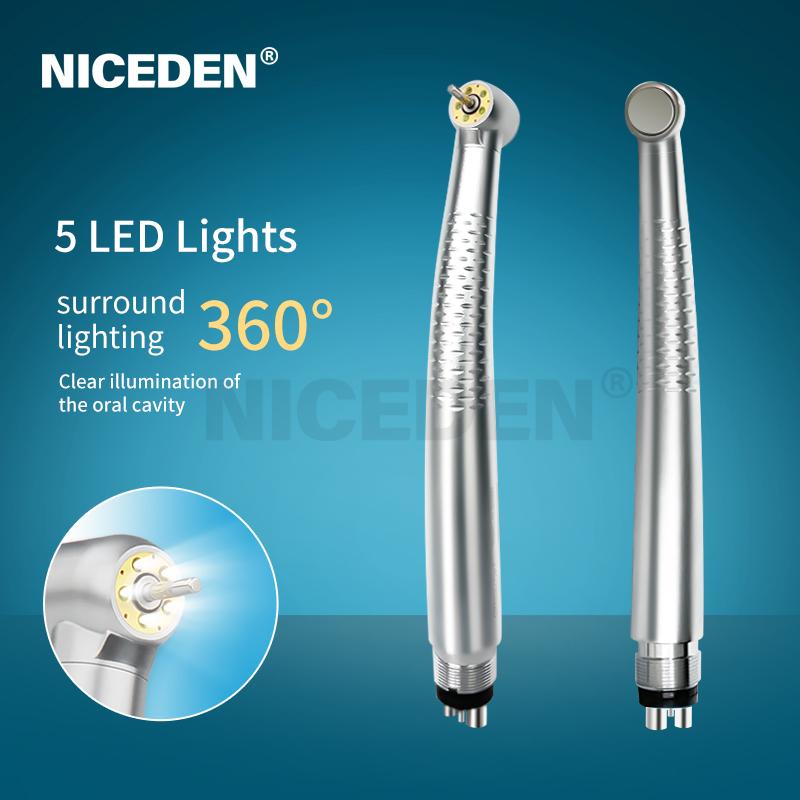 NICEDEN Silent LED Turbine Air Rotor Push Button Portable Dental LED High Speed Handpiece with 5 Lamps LED Light