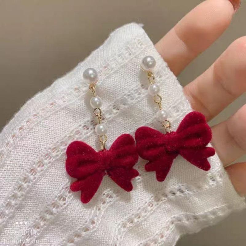 Red Velvet Bow & Pearl Tassel Earrings for Women - Elegant Autumn/Winter Design