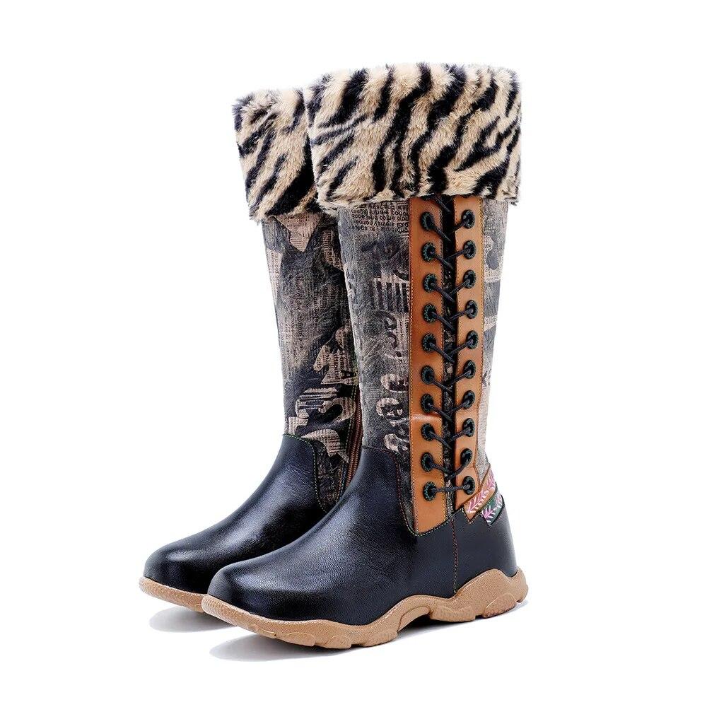 Johnature Genuine Leather Patchwork Printed Long Boots Fashion Versatile Leopard Print Fur Collar Women Shoes