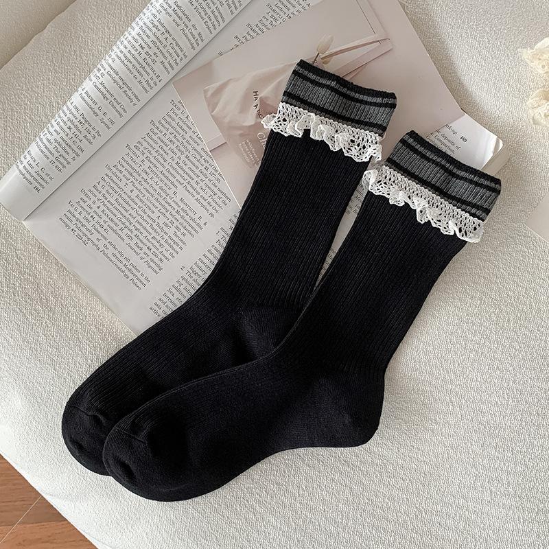 Pile of Lace Lace Mid-calf Socks for Spring and Autumn, Women's Sports Striped Sweet Long Calf Socks