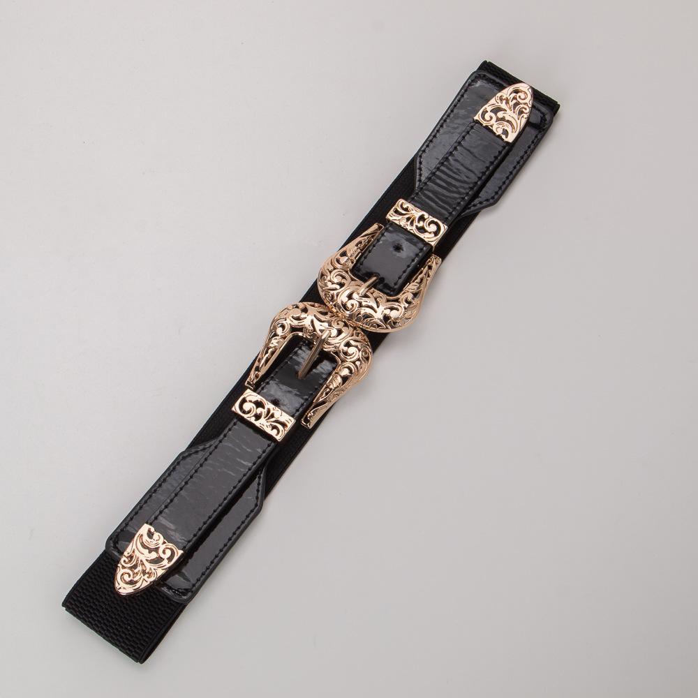 Women's Retro Hollow Double Buckle Elastic Waist Belt - Versatile Fashion Accessory in Black