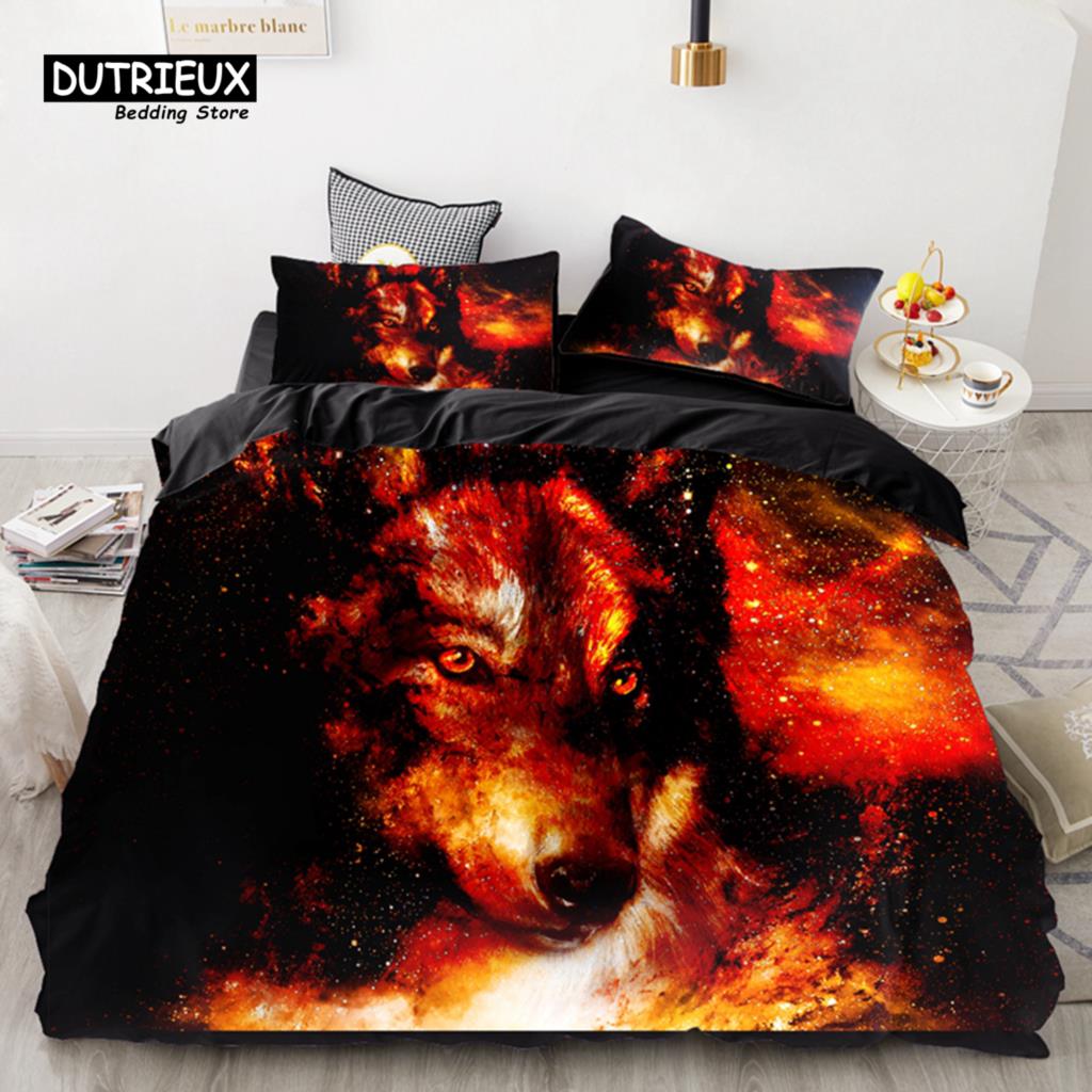 3D Wolf Space Duvet Cover Tiger Lion Animal Pattern Bedding Set Light And Dark Meet Wolf Moon Comforter Cover With Pillowcases